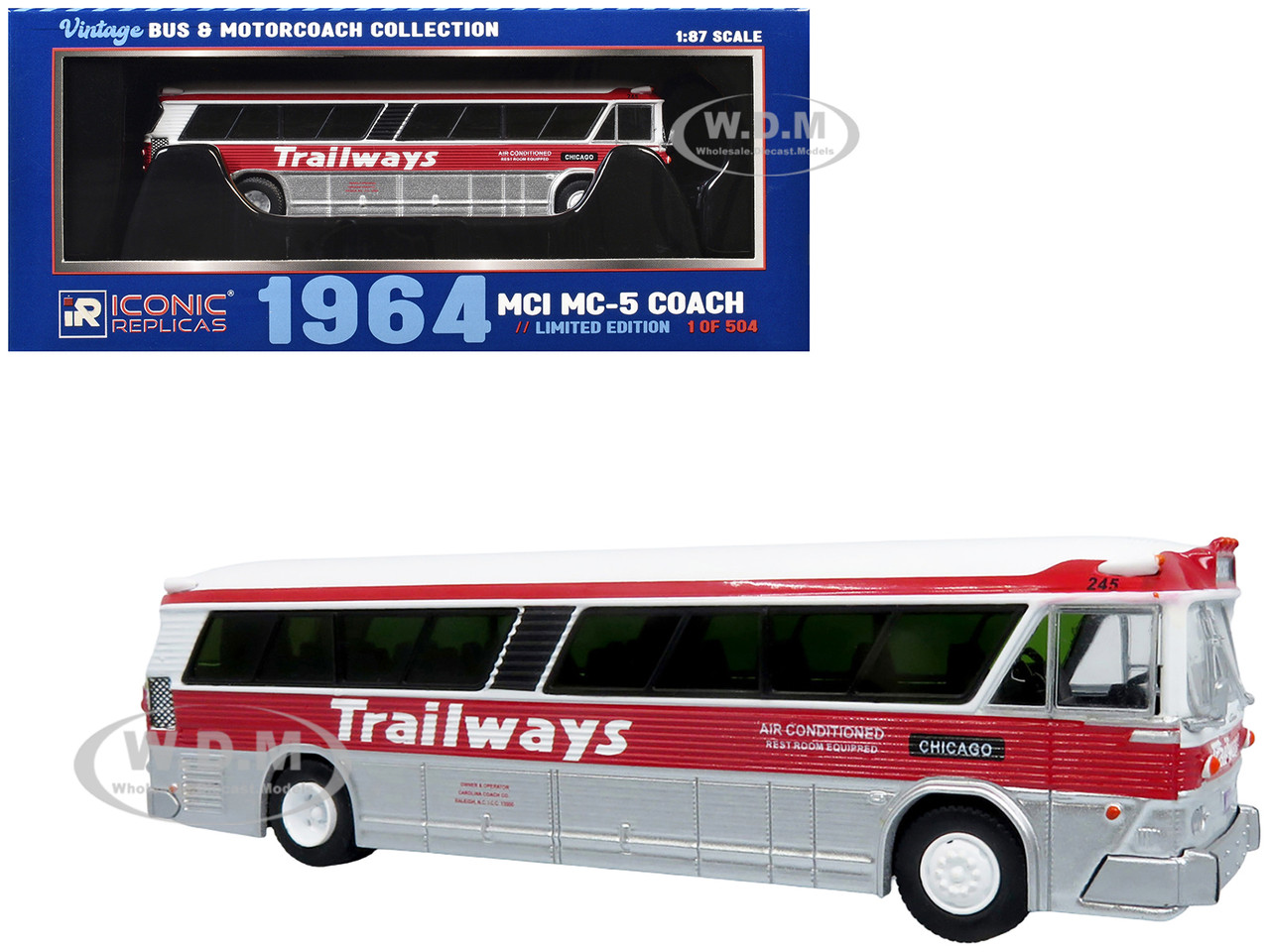 1964 MCI MC-5A Coach Bus "Trailways Chicago" White with Red Stripes "Vintage Bus & Motorcoach Collection" Limited Edition to 504 pieces Worldwide 1/87