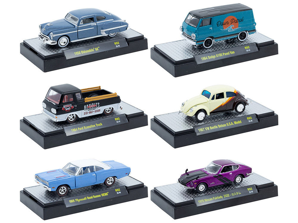 "Auto Meets" Set of 6 Cars IN DISPLAY CASES Release 92 Limited Edition 1/64 Diecast Model Cars by M2 Machines