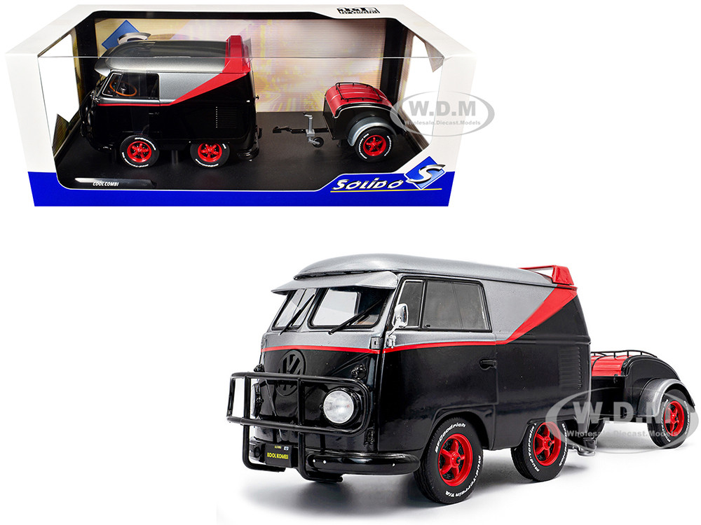 2024 Volkswagen Kool Kombi Sport Van with Trailer Black and Silver with Red Stripe 1/18 Diecast Model Car by Solido