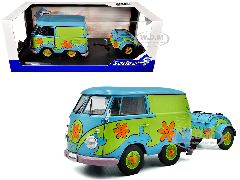2024 Volkswagen Kool Kombi Van with Trailer "Ghost Hunter" Blue and Green with Graphics 1/18 Diecast Model Car by Solido
