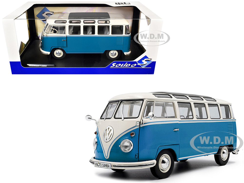 1962 Volkswagen T1 Samba Bus Baby Blue and White 1/18 Diecast Model Car by Solido