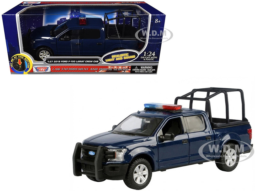 Motormax 1:24 2019 Ford F-150 Lariat Crew Cab Pickup Truck with Bed Cage Dark Blue with Flashing Light Bar and Front and Rear Lights and Sounds 1/24-1/27 Diecast Mo