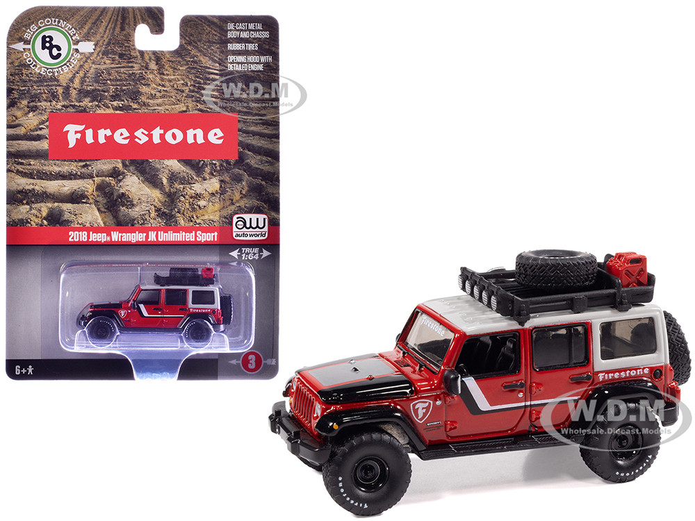 Auto World 1:64 2018 Jeep Wrangler JK Unlimited Sport "Firestone Field Agent" Red with Graphics and Gray Top with Roof Rack "Big Country Collectibles" 2025 Series 1/6