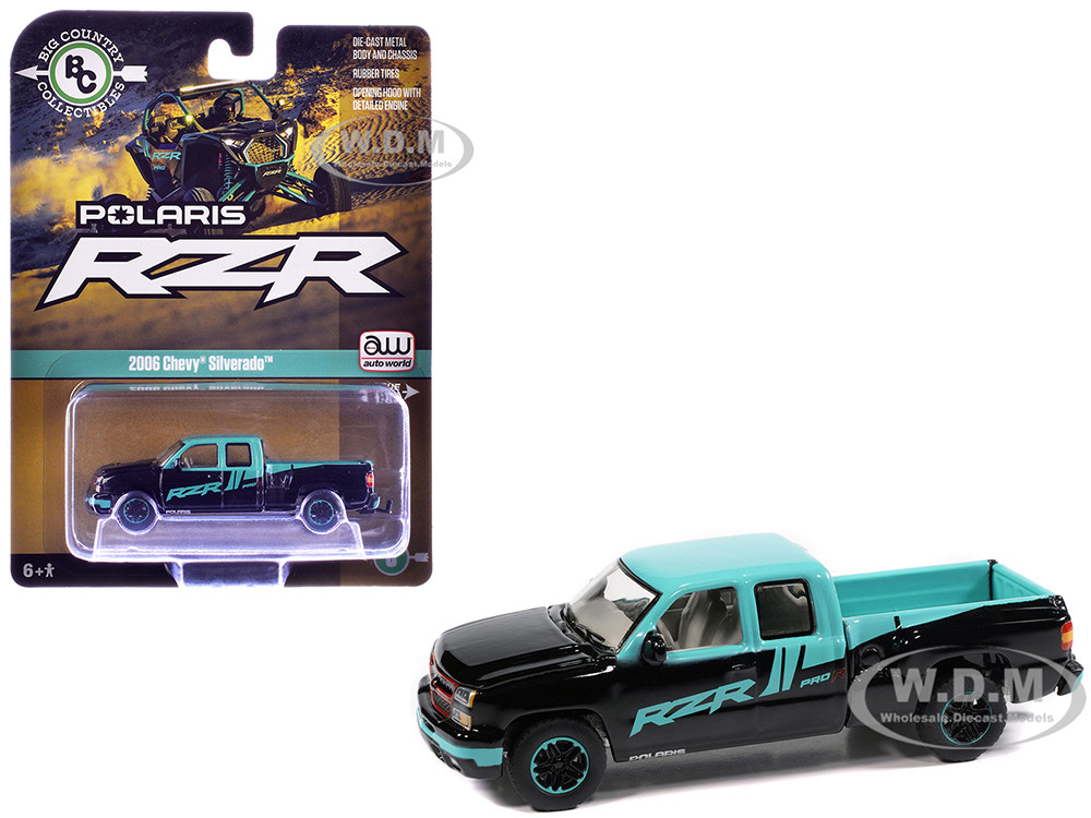 Auto World 1:64 2006 Chevrolet Silverado Pickup Truck "Polaris RZR" Black and Blue "Big Country Collectibles" 2025 Series 1/64 Diecast Model Car by Auto World