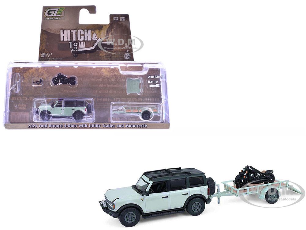 Greenlight 1:64 2021 Ford Bronco 4-Door Badlands Cactus Gray with Black Top and Motorcycle with Utility Trailer "Hitch & Tow" Series 33 1/64 Diecast Model Cars by Gre