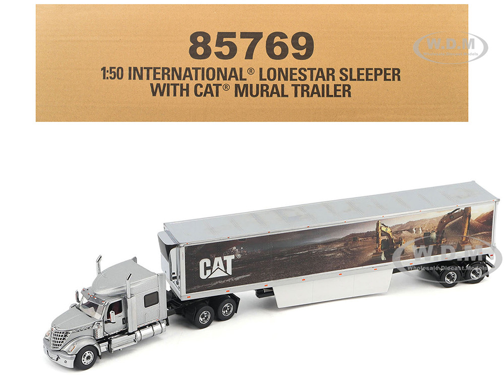 International Lonestar Truck with Sleeper Silver Metallic with "CAT Caterpillar" Mural Trailer "Transport Series" 1/50 Diecast Model by Diecast Master