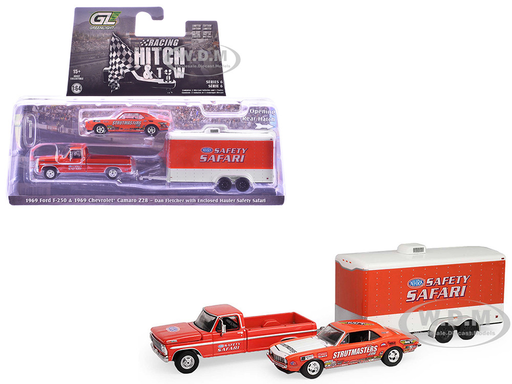 Greenlight 1:64 1969 Ford F-250 Pickup Truck Red and 1969 Chevrolet Camaro Z28 "Dan Fletcher" Orange with White Hood "NHRA Safety Team" with Enclosed Car Trailer "Rac