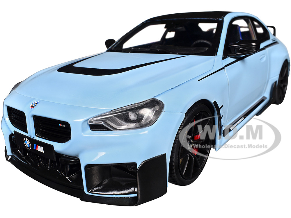 2024 BMW M2 Performance Parts Zandvoort Blue with Carbon Top and Black Stripes 1/18 Diecast Model Car by Solido