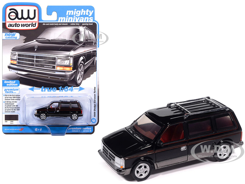 1989 Dodge Caravan Turbo Van Black with Red Stripes and Interior Mighty Minivans Series 164 Diecast Model Car by Auto World 1989 Dodge Caravan Turbo Van Black with Red Stripes and Interior Mighty Minivans Series 164 Diecast Model Car by Auto World