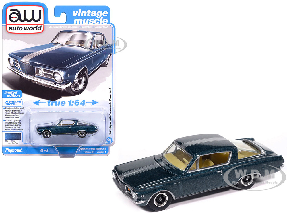 Auto World 1:64 1965 Plymouth Barracuda Formula S Dark Blue Metallic with Silver Stripe "Vintage Muscle" Series 1/64 Diecast Model Car by Auto World