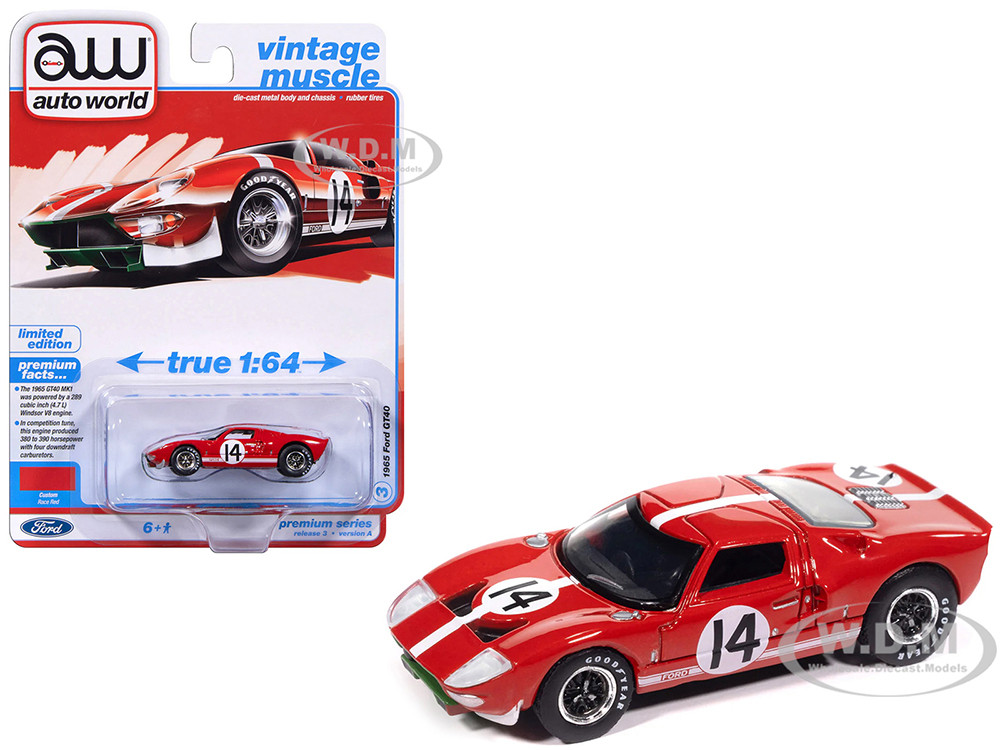 Auto World 1:64 1965 Ford GT40 #14 Red with White Stripes "Vintage Muscle" Series 1/64 Diecast Model Car by Auto World