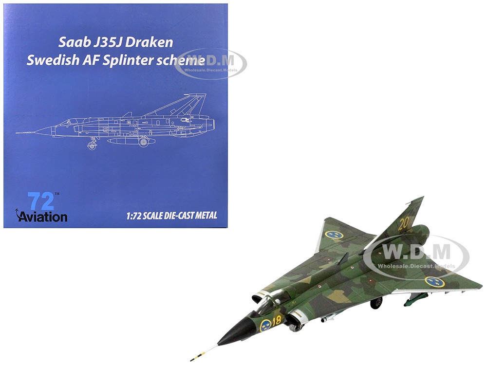 Saab J35J Draken Fighter Aircraft "Splinter Camouflage Scheme, F 18 Sodertorn Wing" (1972) Swedish Air Force 1/72 Diecast Model Airplane by Aviation 7