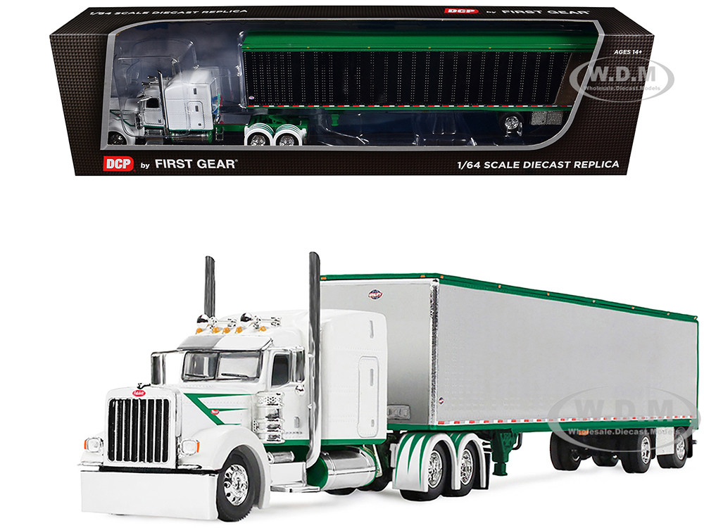 First Gear Dcp 1:64 Peterbilt 389 with 63" Mid-Roof Sleeper and 53' Utility Trailer White with Green Stripes 1/64 Diecast Model by DCP/First Gear