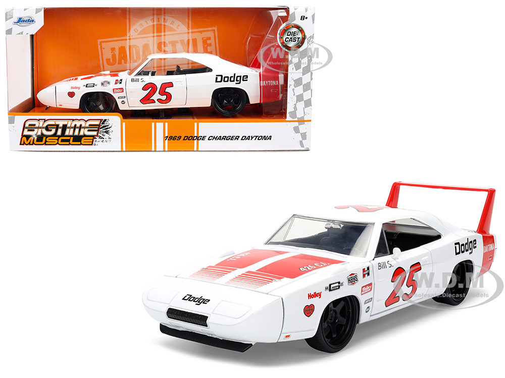 1969 Dodge Charger Daytona 25 White with Red Stripes Bigtime Muscle Series 124 Diecast Model Car by Jada
