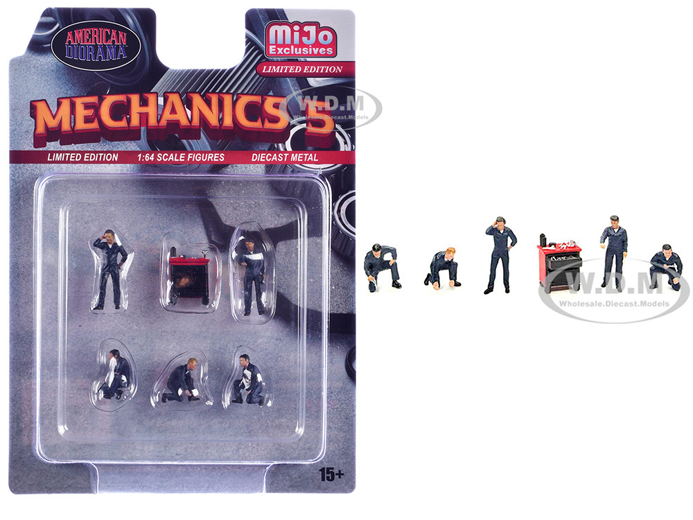 "Mechanics #5" 6 piece Diecast Figure Set (5 Figures, 1 Tool Cabinet) Limited Edition for 1/64 Scale Models by American Diorama