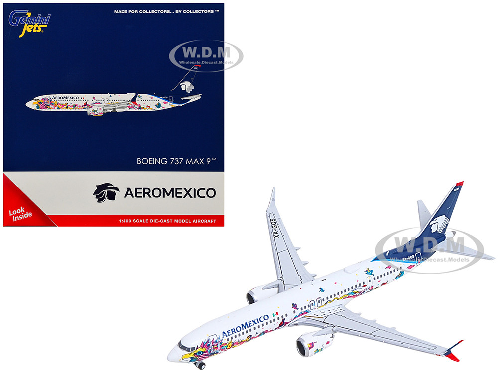 Boeing 737 MAX 9 Commercial Aircraft "Aeromexico - Kukulcan" (XA-GQS) White with Graphics and Blue Tail 1/400 Diecast Model Airplane by GeminiJets