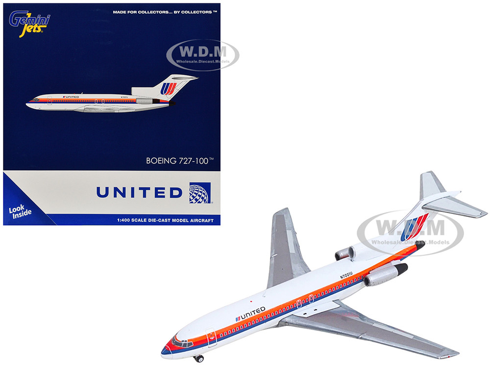 Boeing 727-100 Commercial Aircraft "United Airlines - Saul Bass Livery" (N7001U) White with Stripes 1/400 Diecast Model Airplane by GeminiJets