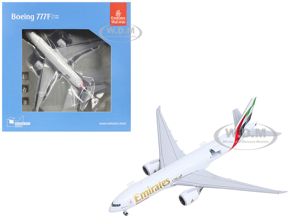 Boeing 777F Commercial Aircraft "Emirates SkyCargo" (A6-EFV) White with Striped Tail "Interactive Series" 1/400 Diecast Model Airplane by GeminiJets