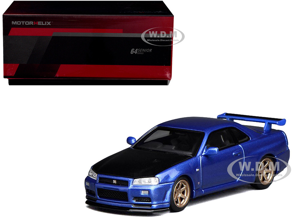 Motorhelix 1:64 Nissan Skyline GT-R (R34) V-Spec II RHD (Right Hand Drive) Bayside Blue Metallic with Carbon Hood "Senior 64" Series 1/64 Diecast Model Car by MotorHe
