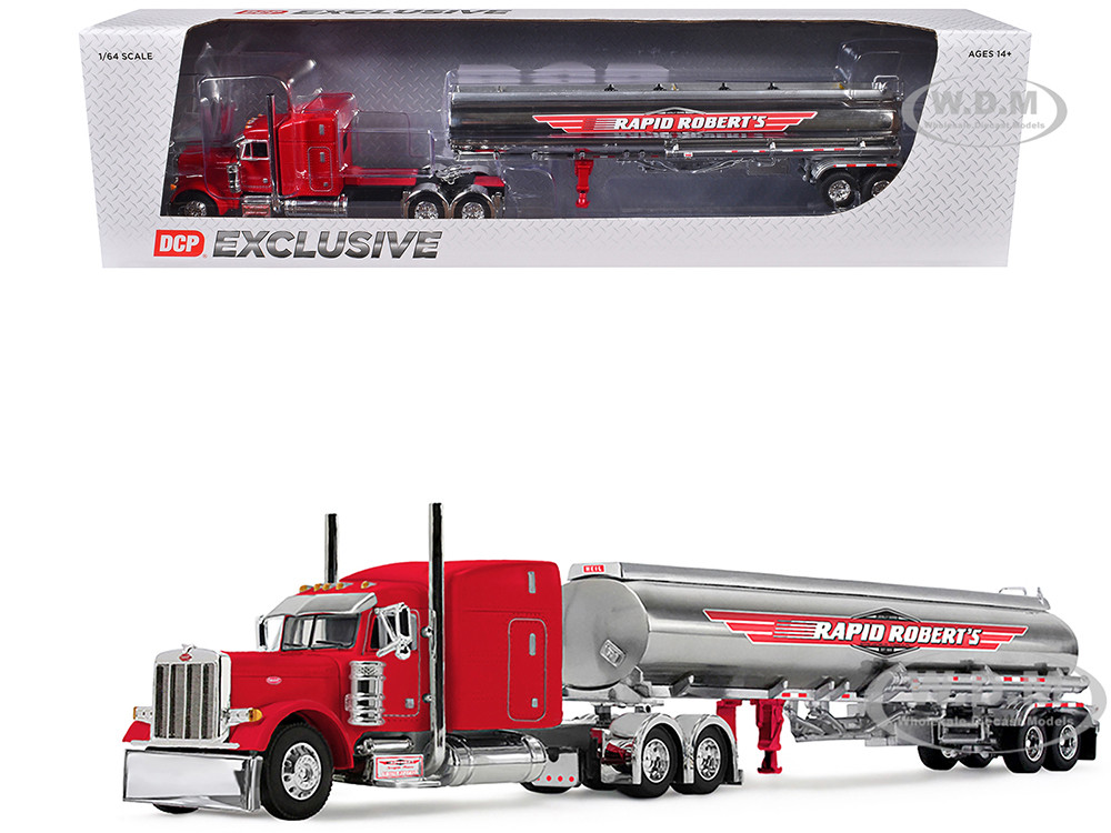 Peterbilt 379 with 63" Mid-Roof Sleeper and Heil Fuel Tank Trailer "Rapid Roberts" Red 1/64 Diecast Model by DCP/First Gear