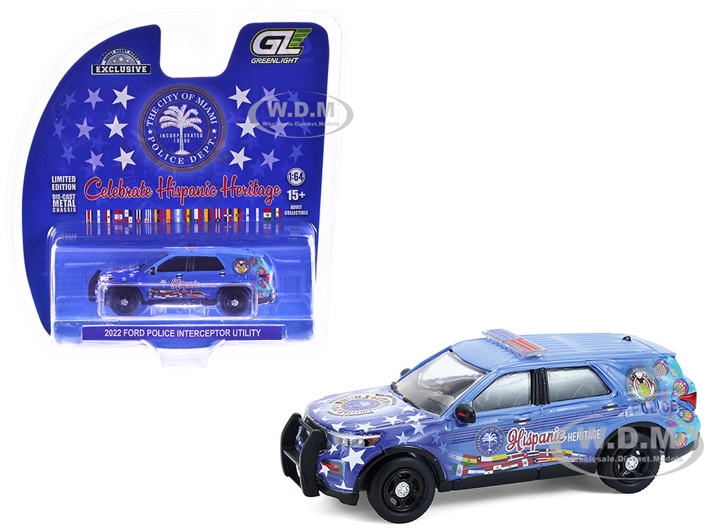 2022 Ford Police Interceptor Utility Miami Police Department Hispanic Heritage Month Blue with Graphics Hobby Exclusive Series 164 Diecast Model 2022 Ford Police Interceptor Utility Miami Police Department Hispanic Heritage Month Blue with Graphics Hobby Exclusive Series 164 Diecast Model