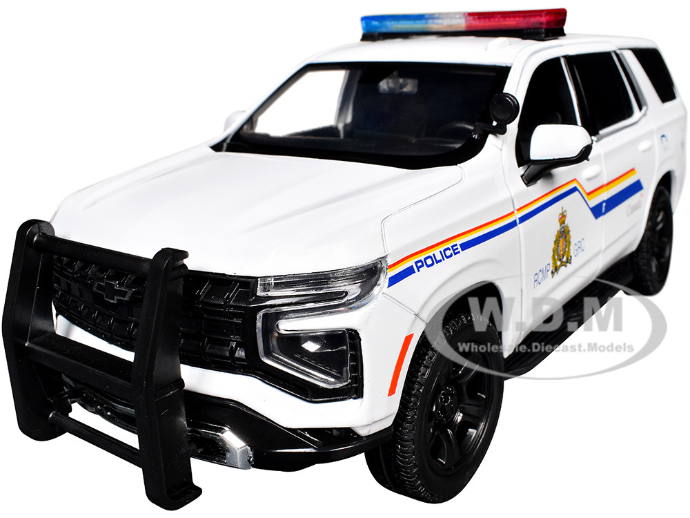 2025 Chevrolet Tahoe PPV "RCMP (Royal Canadian Mounted Police)" White with Stripes with Flashing Light Bar and Front and Rear Lights and Sounds 1/24 D