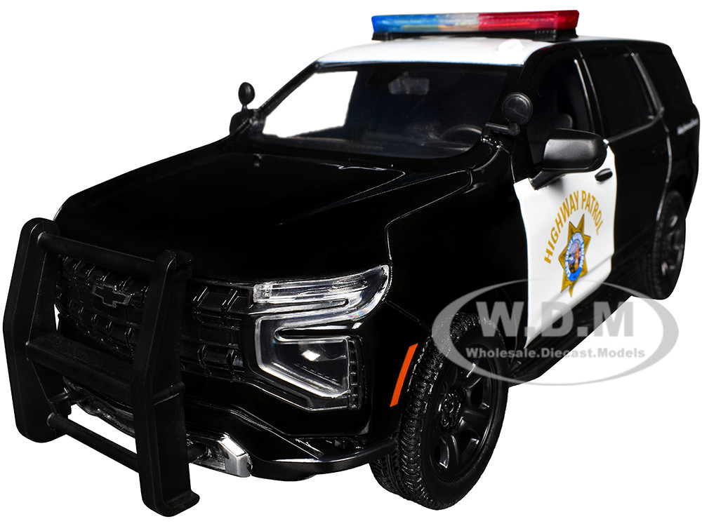 2025 Chevrolet Tahoe PPV "CHP (California Highway Patrol)" Black and White with Flashing Light Bar and Front and Rear Lights and Sounds 1/24 Diecast M