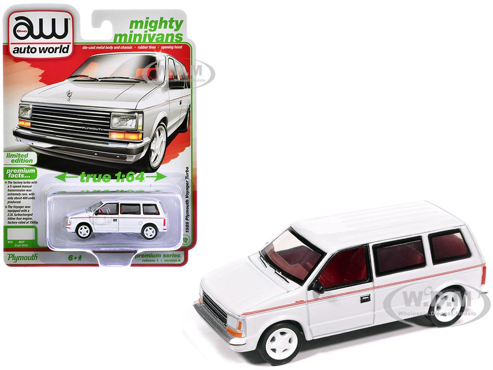 1989 Plymouth Voyager Turbo Van Bright White with Red Stripes and Interior Mighty Minivans Series 164 Diecast Model Car by Auto World 1989 Plymouth Voyager Turbo Van Bright White with Red Stripes and Interior Mighty Minivans Series 164 Diecast Model Car by Auto World