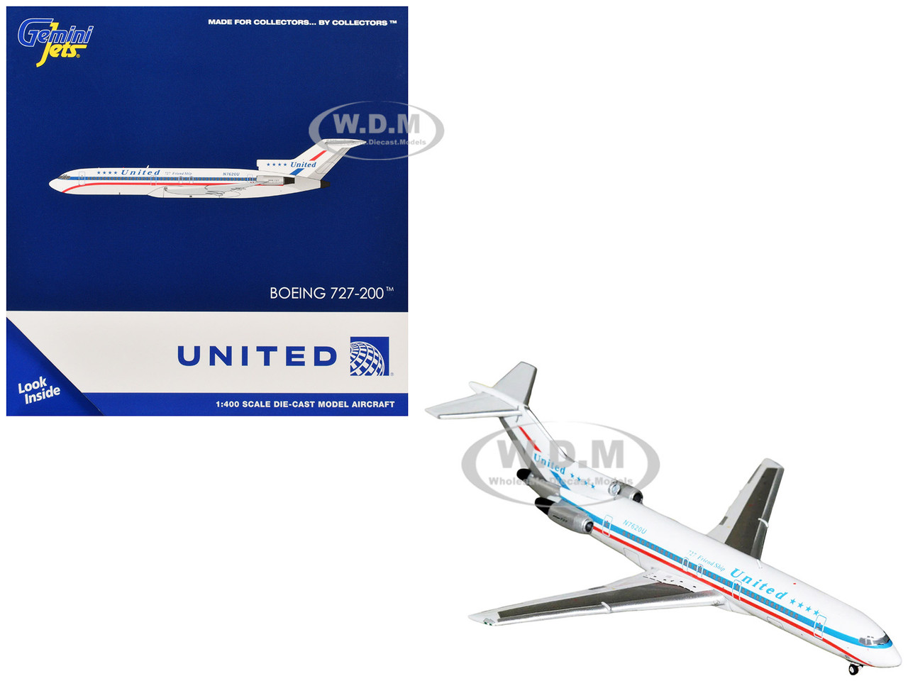 Boeing 727-200 Commercial Aircraft "United Airlines - Stars & Bars/Friend Ship" (N7620U) White with Red and Blue Stripes 1/400 Diecast Model Airplane