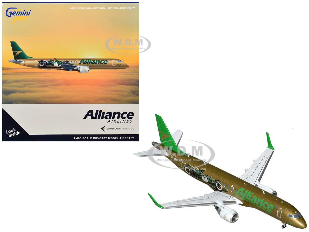 Embraer ERJ-190 Commercial Aircraft "Alliance Airlines - Sir Jack Brabham" (N7620U) Gold Metallic with Graphics 1/400 Diecast Model Airplane by Gemini