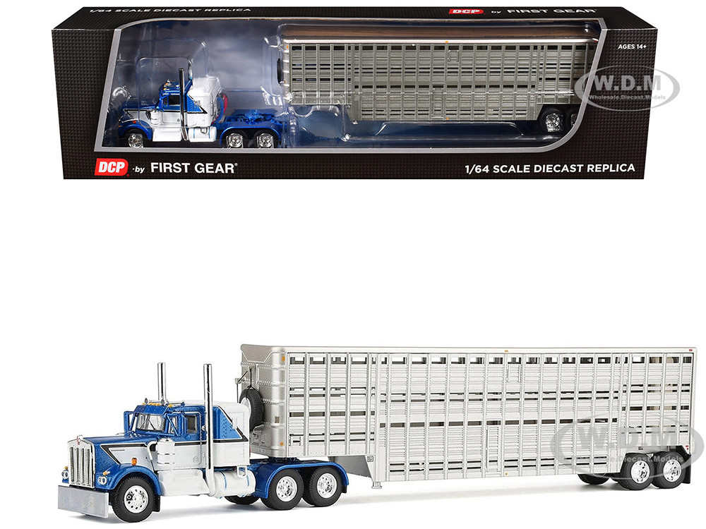 Kenworth W900A with 36" Sleeper and 45' Wilson Vintage Livestock Trailer Mariner Blue and White with Silver Trailer 1/64 Diecast Model by DCP/First Ge