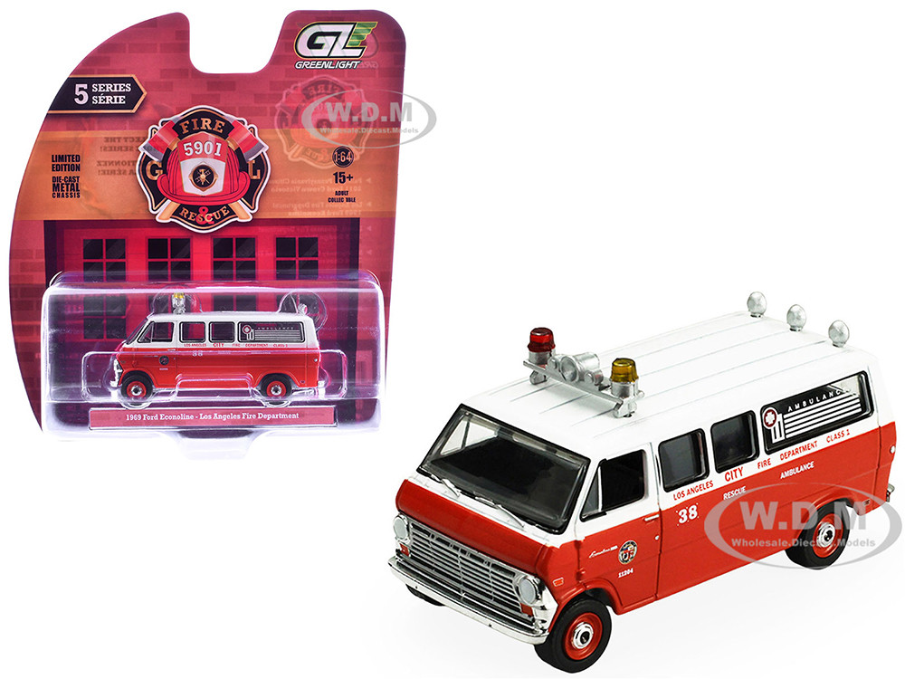 Greenlight 1:64 1969 Ford Econoline Ambulance "Los Angeles Fire Department" Red and White "Fire & Rescue" Series #5 1/64 Diecast Model Car by Greenlight