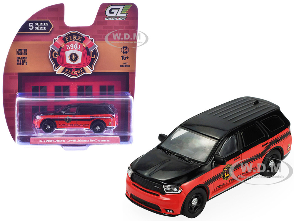 Greenlight 1:64 2019 Dodge Durango "Lowell, Arkansas Fire Department" Red and Black with Black Stripes "Fire & Rescue" Series #5 1/64 Diecast Model Car by Greenlight