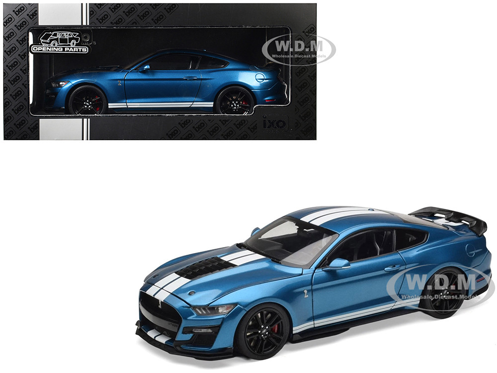 2022 Ford Mustang Shelby GT500 Blue Metallic with White Stripes 1/18 Diecast Model Car by IXO Models