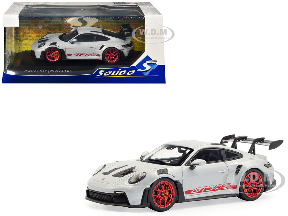 Solido 1:43 2023 Porsche 911 (992) GT3 RS Ice Gray Metallic with Pyro Red Stripes 1/43 Diecast Model Car by Solido