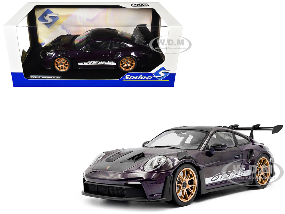 2024 Porsche 911 GT3 RS Weissach Package Viola Purple Metallic with Carbon Hood Stripes and Top 1/18 Diecast Model Car by Solido