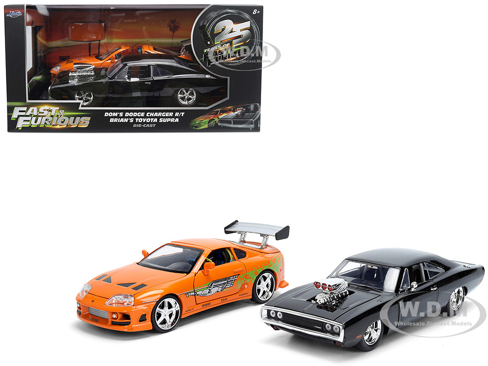 Dom's 1970 Dodge Charger R/T Black and Brian's Toyota Supra Orange with Graphics Set of 2 Cars "Fast & Furious 25th Anniversary" "Fast & Furious" Seri