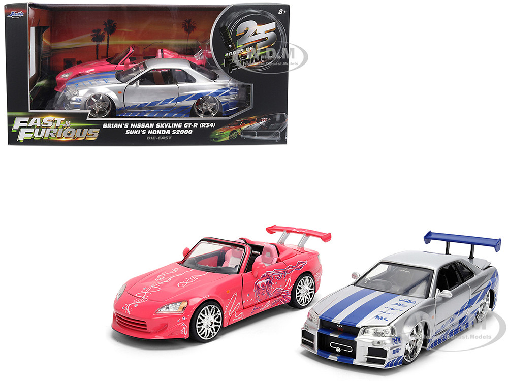 Brian's Nissan Skyline GT-R (R34) Silver Metallic with Blue Stripes and Suki's Honda S2000 Pink with Graphics Set of 2 Cars "Fast & Furious 25th Anniv