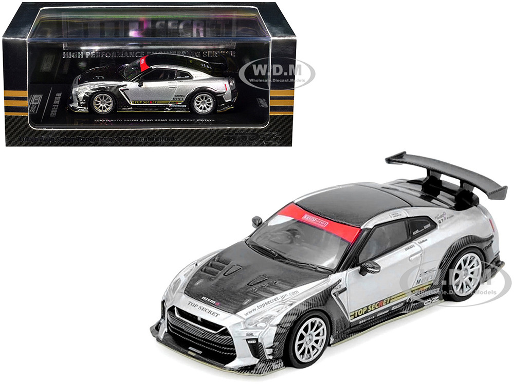 Nissan GT-R (R35) Top Secret RHD (Right Hand Drive) Silver Metallic with Carbon Hood and Top "Tokyo Auto Salon Hong Kong 2025 Event Edition" 1/64 Diec