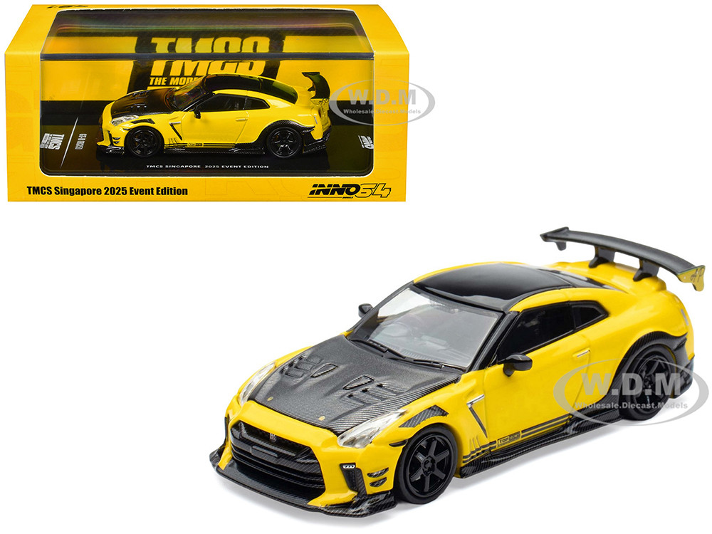 Nissan GT-R (R35) RHD (Right Hand Drive) Yellow with Carbon Hood and Black Top "The Model Car Show Singapore 2025 Event Edition" 1/64 Diecast Model Ca