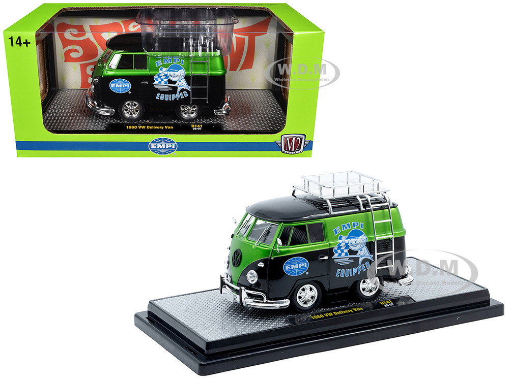 M2 Machines 1:24 1960 Volkswagen Delivery Van "EMPI Equipped" Black and Green Metallic with Roof Rack and Ladder Limited Edition to 4050 pieces Worldwide 1/24 Diecast