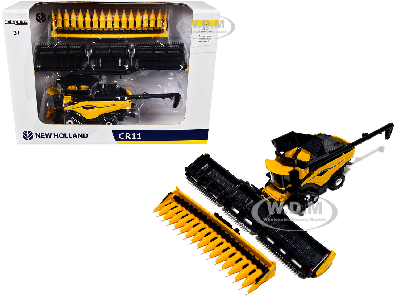 New Holland CR11 Tracked Combine with 16-Row Corn Head and Draper Grain Head Yellow 1/64 Diecast Model by ERTL TOMY