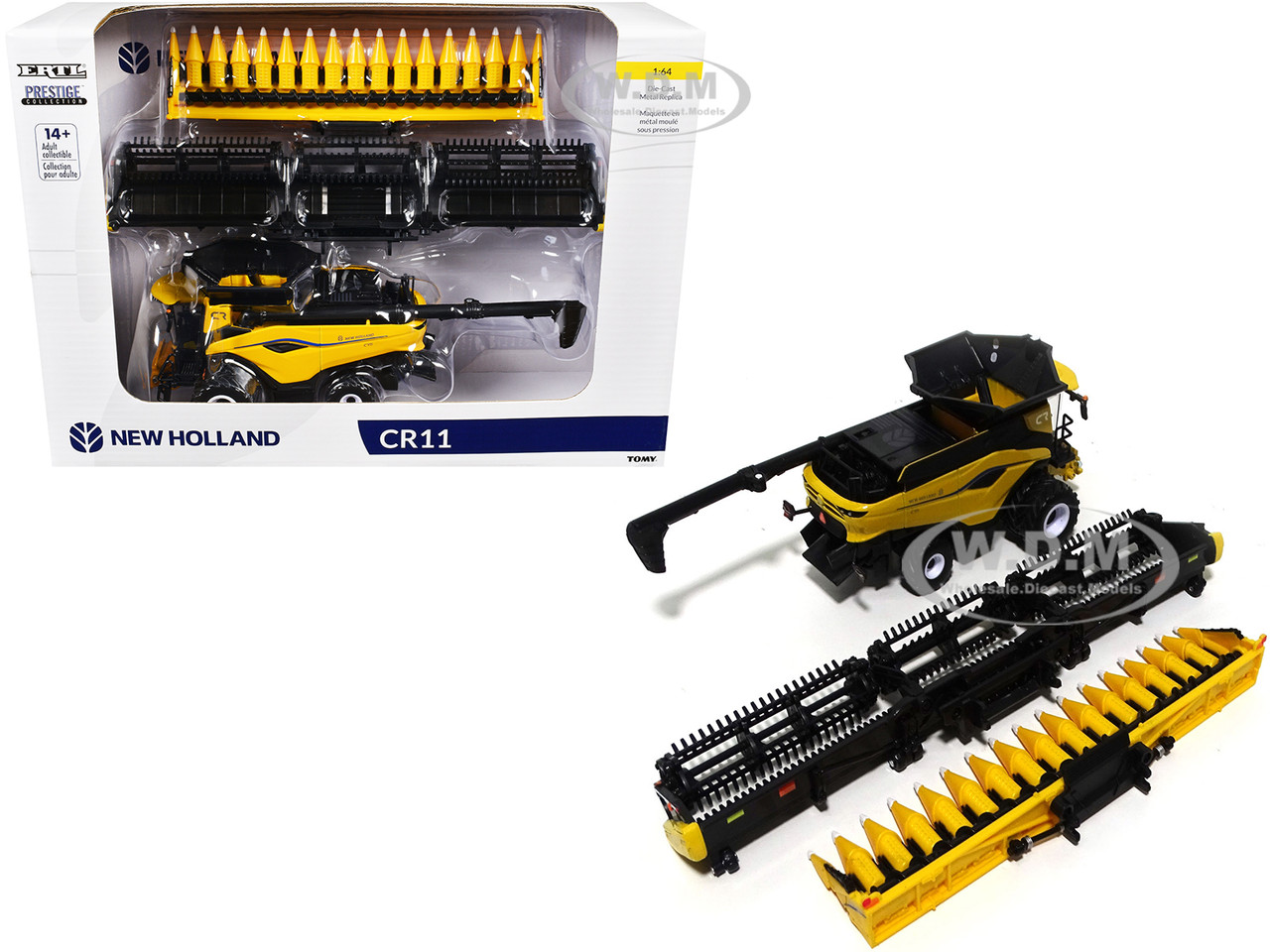 New Holland CR11 Dual-Wheeled Combine with 16-Row Corn Head and Draper Grain Head Yellow "Prestige Collection" Series 1/64 Diecast Model by ERTL TOMY