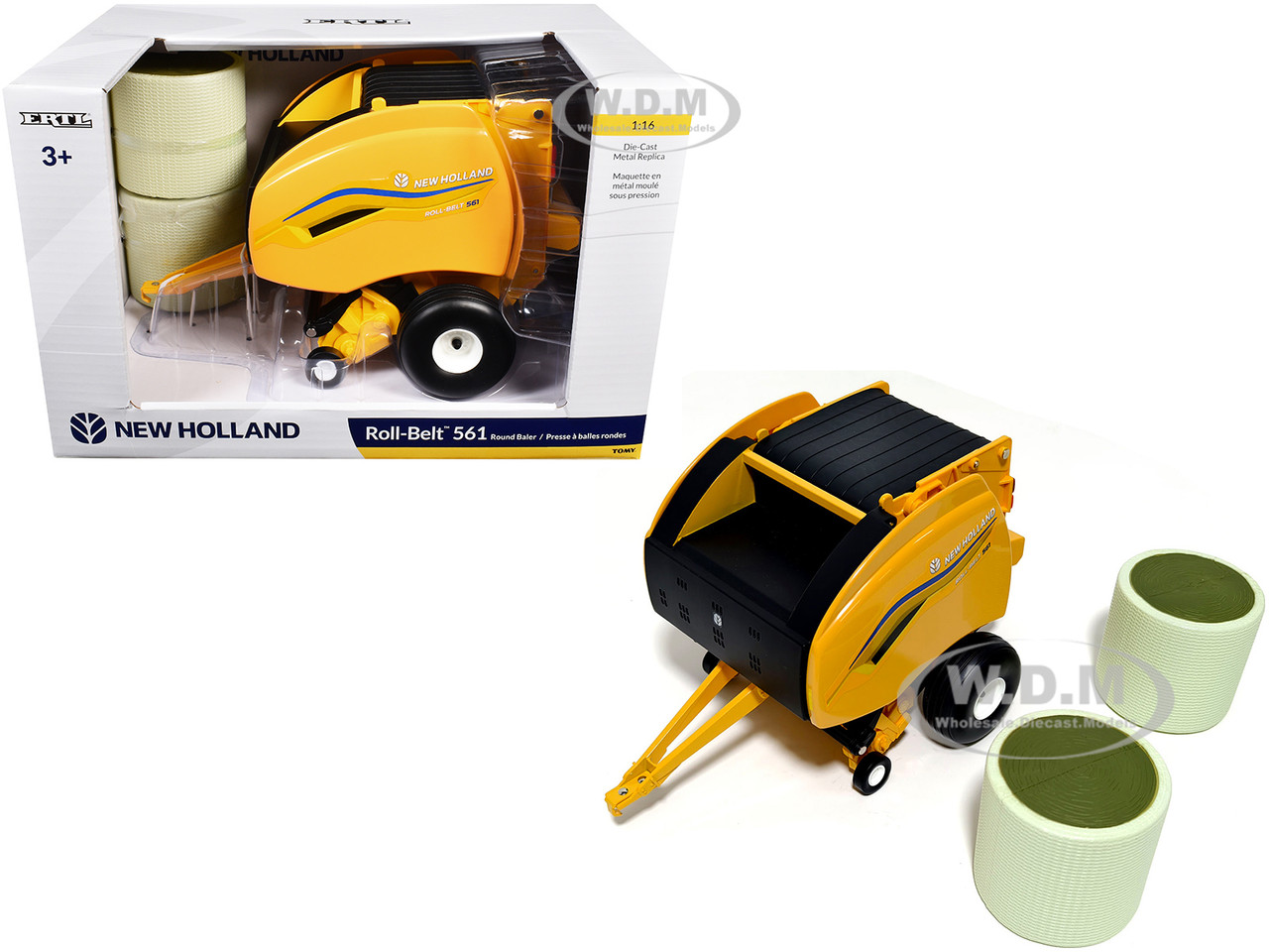 New Holland Roll-Belt 561 Round Baler Yellow with 2 Bales 1/16 Diecast Model by ERTL TOMY