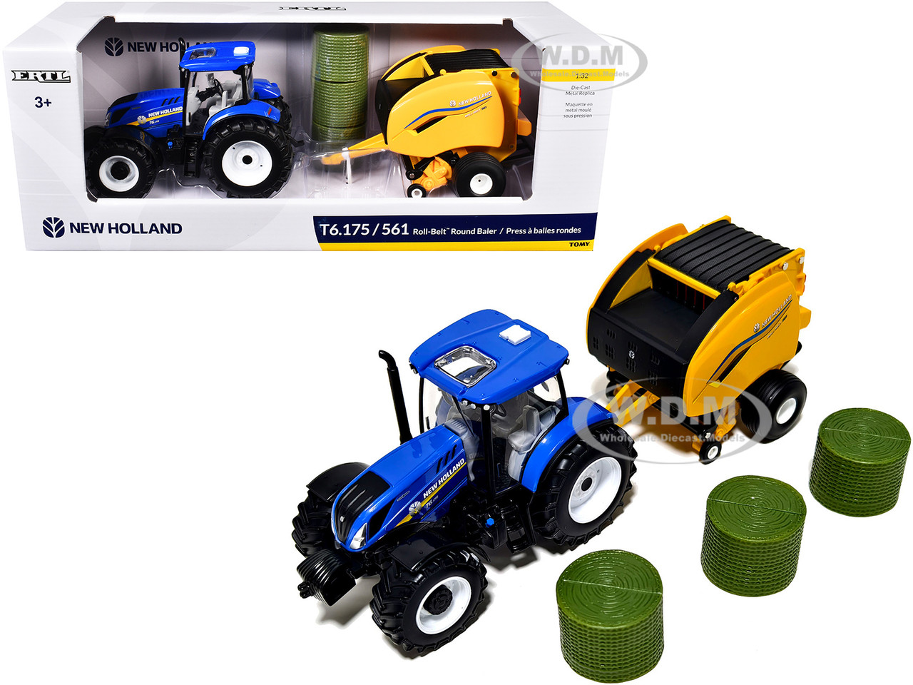 New Holland T6.175 Tractor Blue and Roll-Belt 561 Round Baler Yellow with 3 Bales 1/32 Diecast Model by ERTL TOMY