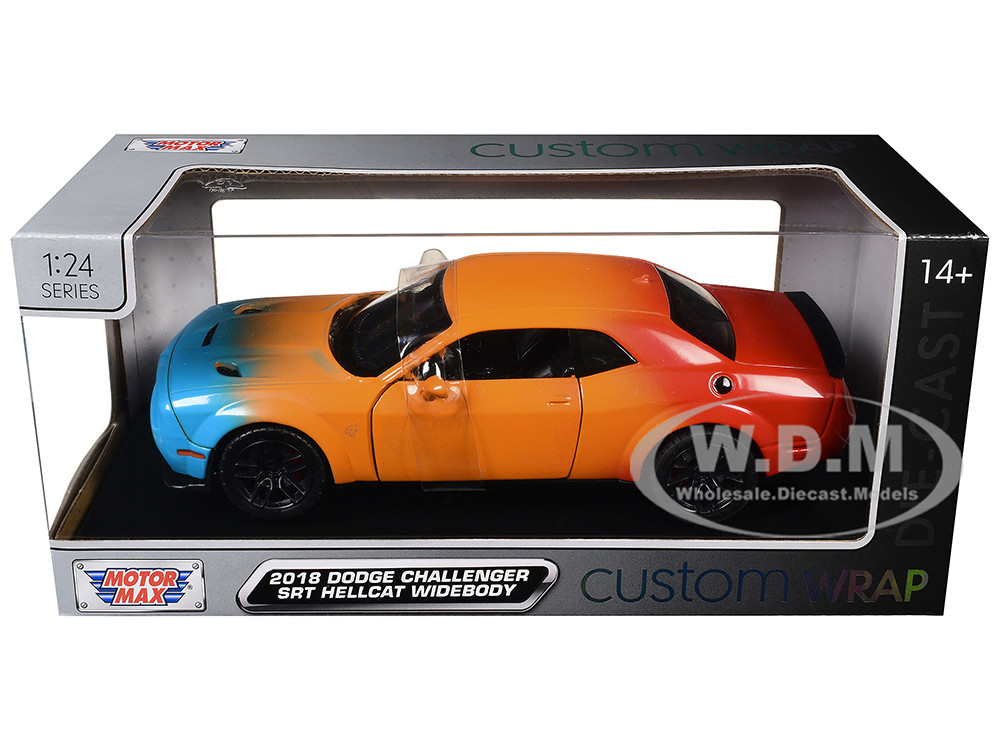 Motormax 1:24 2018 Dodge Challenger SRT Hellcat Widebody Blue, Orange and Red Gradient "Custom Wrap" Series 1/24 Diecast Model Car by Motormax