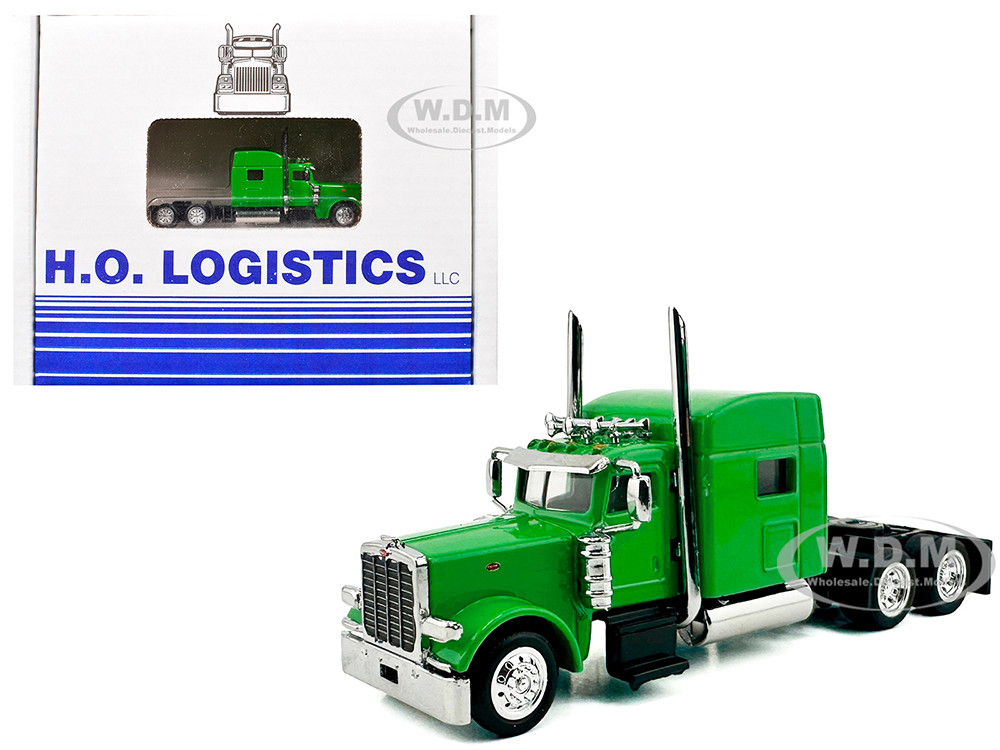 Peterbilt 389 Truck Tractor with Sleeper Cab Lime Green and Low Boy Flatbed Trailer Black Combo Set 1/87 (HO) Plastic Model Car by HO Logistics