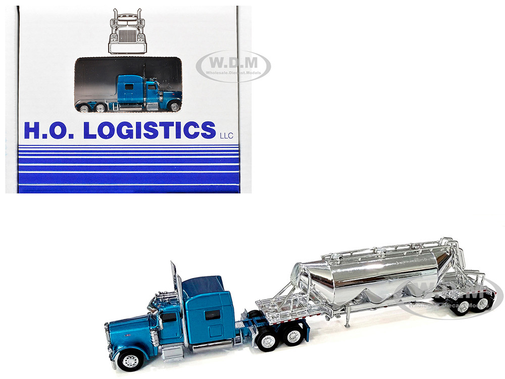 Peterbilt 389 Truck Tractor with Sleeper Cab Blue Metallic and Pneumatic Tank Trailer Chrome Combo Set 1/87 (HO) Plastic Model Car by HO Logistics