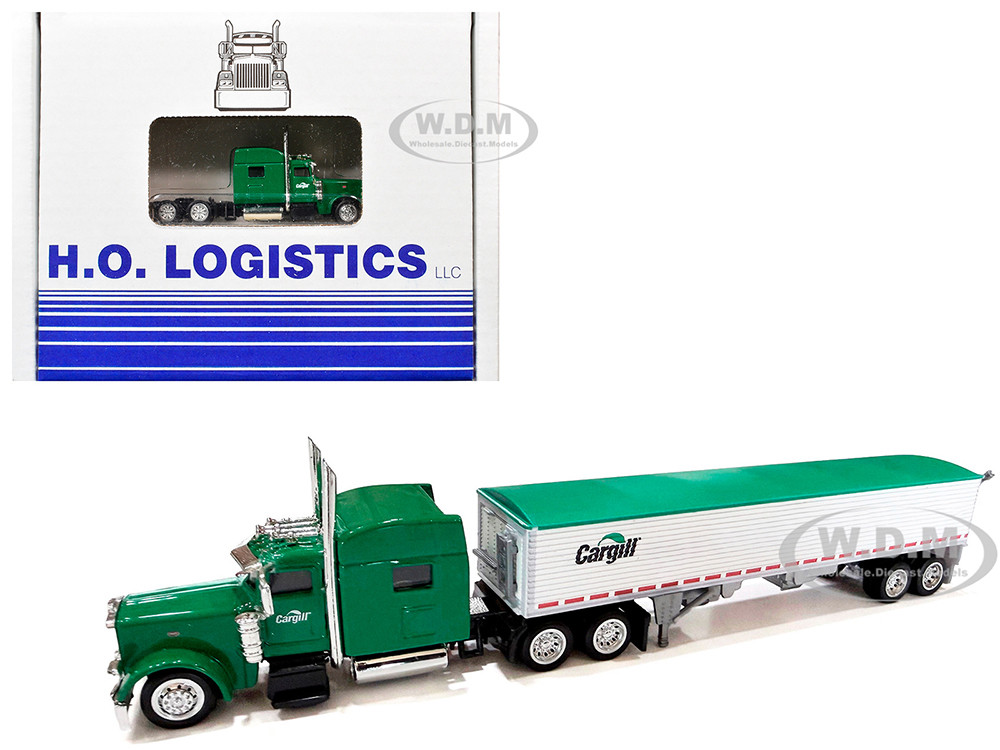 Peterbilt 389 Truck Tractor with Sleeper Cab "Cargill" Green and Covered Grain Trailer White with Green Tarp Combo Set 1/87 (HO) Plastic Model Car by