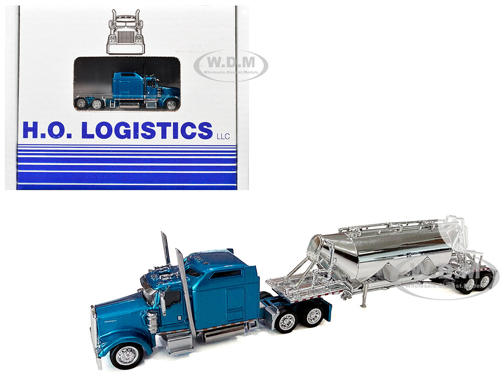Kenworth W900L Truck Tractor with Sleeper Cab Blue Metallic and Pneumatic Tank Trailer Combo Set 1/87 (HO) Plastic Model Car by HO Logistics